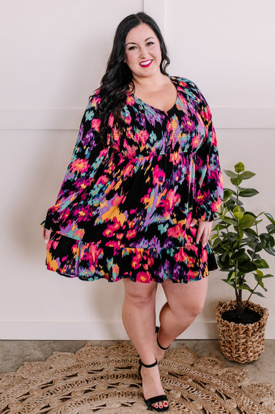 Smocked Long Sleeve Dress In Abstract Colors