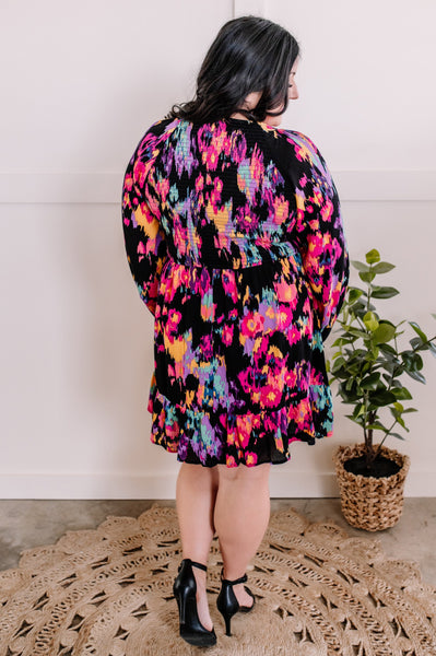 Smocked Long Sleeve Dress In Abstract Colors