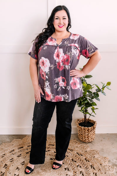 Front Seam Detail Top In Plum Florals