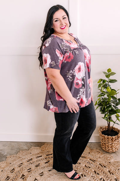 Front Seam Detail Top In Plum Florals