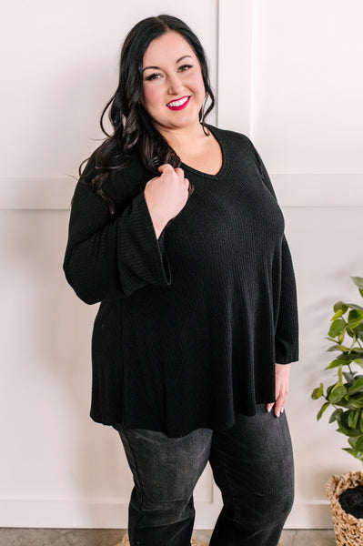 V Neck Fit & Flare Sweater Knit Top In Black