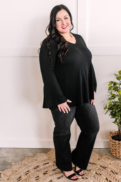 V Neck Fit & Flare Sweater Knit Top In Black