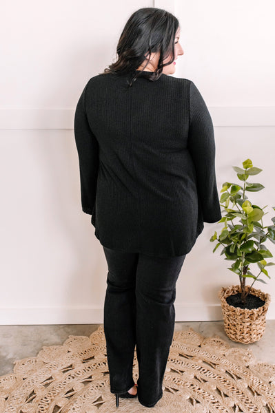 V Neck Fit & Flare Sweater Knit Top In Black