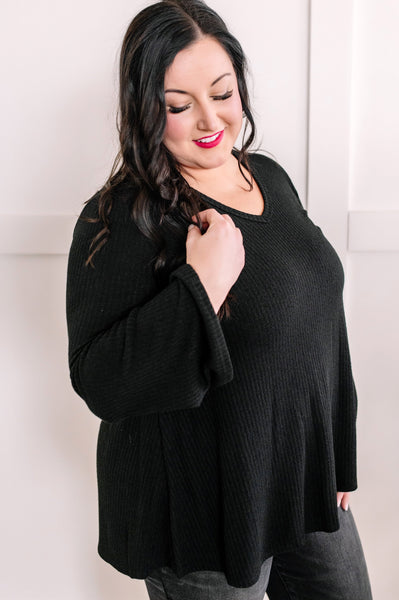 V Neck Fit & Flare Sweater Knit Top In Black