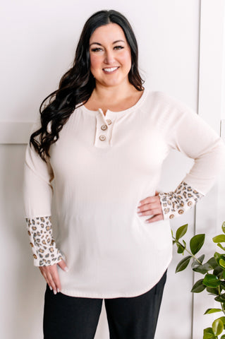 Button Front Pointelle Henley With Leopard Print Sleeves In Cream