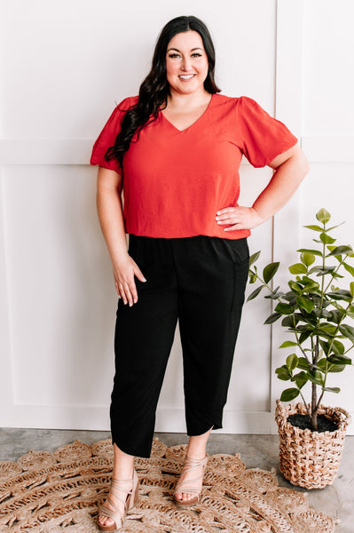 Cropped Tulip Hem Dressy Cargo Pants In Jet Black