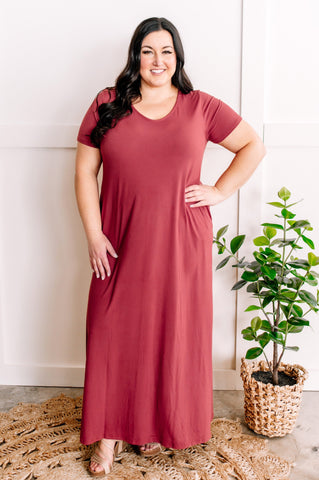 V Neck Maxi Dress With Pockets In Rosewood