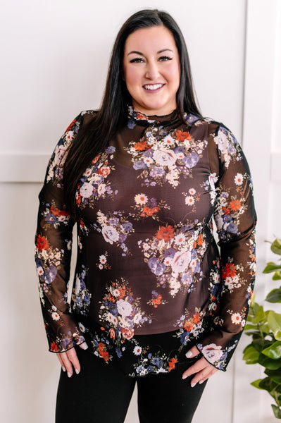 2.7 Sheer Floral Layering Mock Neck Top In Dark Florals