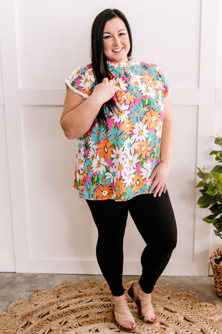 Crochet Trim Flutter Sleeve Blouse In Bight Daisy Disco