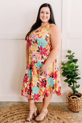Sleeveless Midi Dress In Colorful Hibiscus Florals