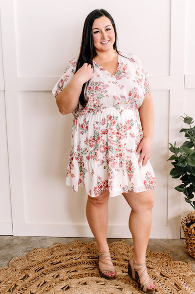 V Neck Ivory Floral Dress In Sage & Cherry