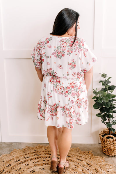 V Neck Ivory Floral Dress In Sage & Cherry