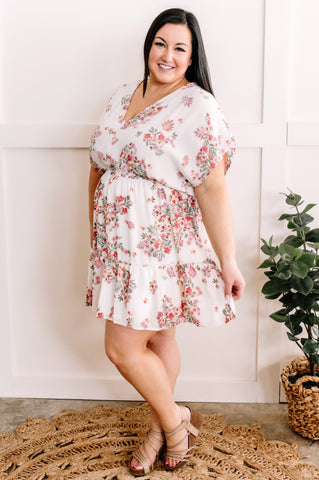 V Neck Ivory Floral Dress In Sage & Cherry