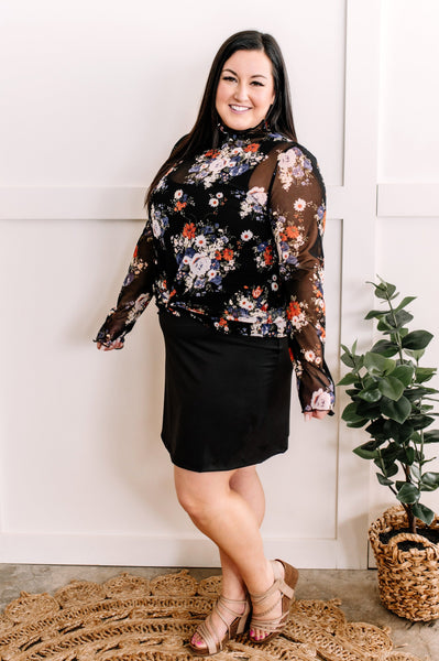 2.7 Sheer Floral Layering Mock Neck Top In Dark Florals