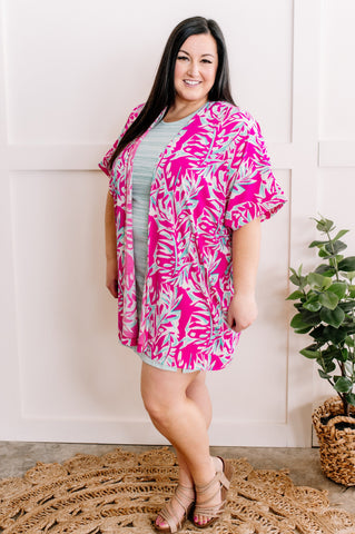 Short Sleeve Kimono In Bright Pink & Teal