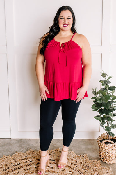 Adjustable Sleeveless Ruffle Hem Top In Fruit Punch