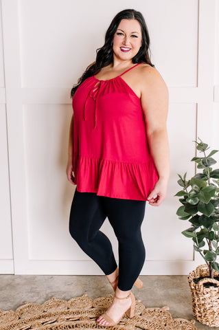 Adjustable Sleeveless Ruffle Hem Top In Fruit Punch