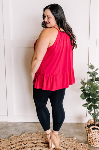 Adjustable Sleeveless Ruffle Hem Top In Fruit Punch