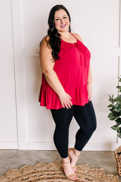 Adjustable Sleeveless Ruffle Hem Top In Fruit Punch