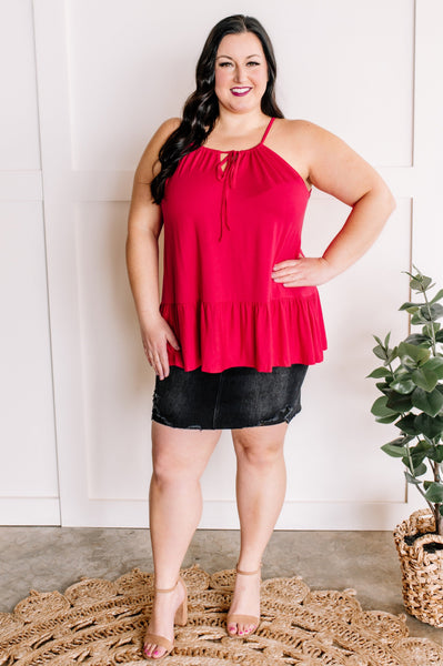Adjustable Sleeveless Ruffle Hem Top In Fruit Punch