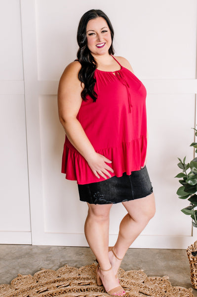 Adjustable Sleeveless Ruffle Hem Top In Fruit Punch