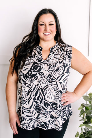 Sleeveless Gabby Front Top In Tropical Black, Pale Pink & White Florals