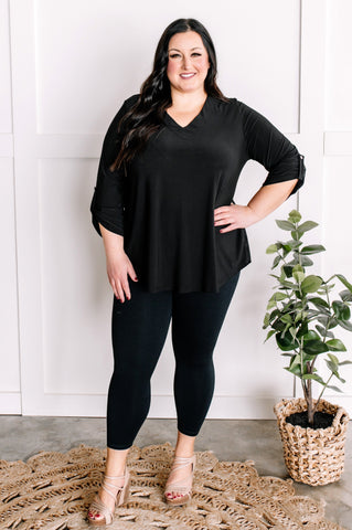 V Neck Stretchy Blouse Top With Button Sleeve Detail In Black