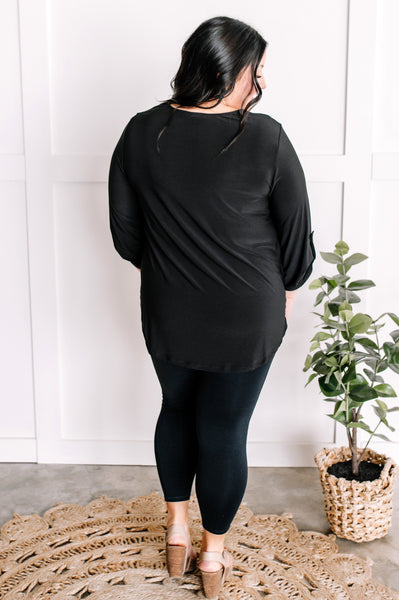 V Neck Stretchy Blouse Top With Button Sleeve Detail In Black