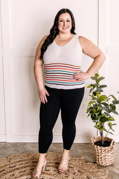 Striped Sweater Knit Sleeveless Top In White