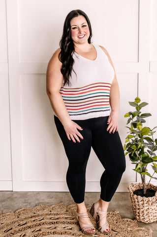 Striped Sweater Knit Sleeveless Top In White