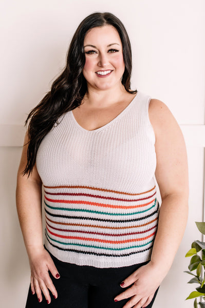 Striped Sweater Knit Sleeveless Top In White