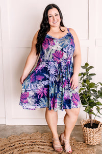 Printed Palm Dress With Tie Belt In Navy Multicolors