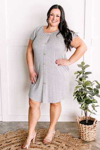 Decorative Button Front Tshirt Dress In Heathered Grey