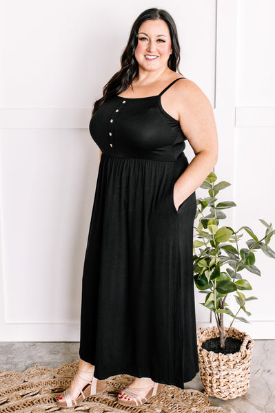 Decorative Button Front Maxi Dress With Pockets In Midnight Black