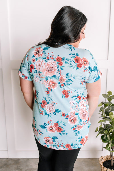2.26 Decorative Button Front Top In Aqua Florals