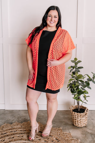 2.26 Open Front Crochet Cardigan In Neon Coral