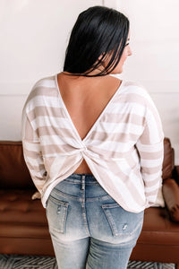 OUTLET Twisted Words Twist Back Top In Taupe Stripes