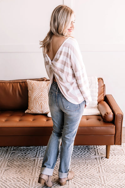 OUTLET Twisted Words Twist Back Top In Taupe Stripes