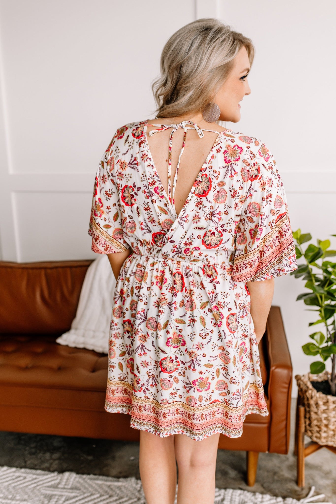 OUTLET  Saving The Best Boho Floral Tie Back Dress in Coral