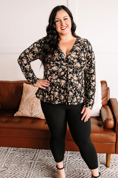 Carry Over Surplice Top In Black Rose Florals
