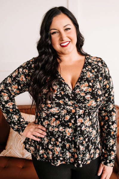 Carry Over Surplice Top In Black Rose Florals