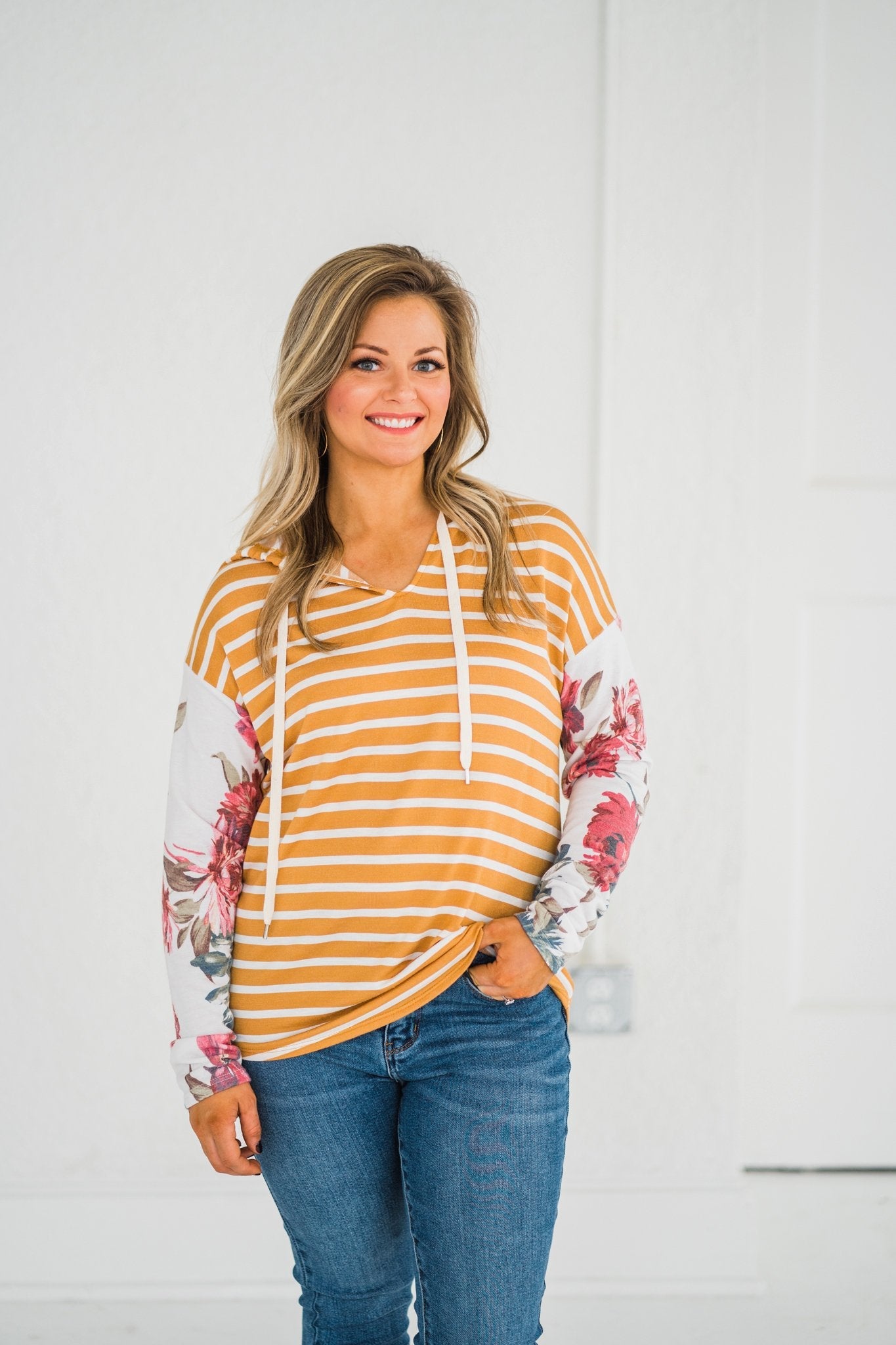 OUTLET- Florals On The Line Mustard Striped Hoodie