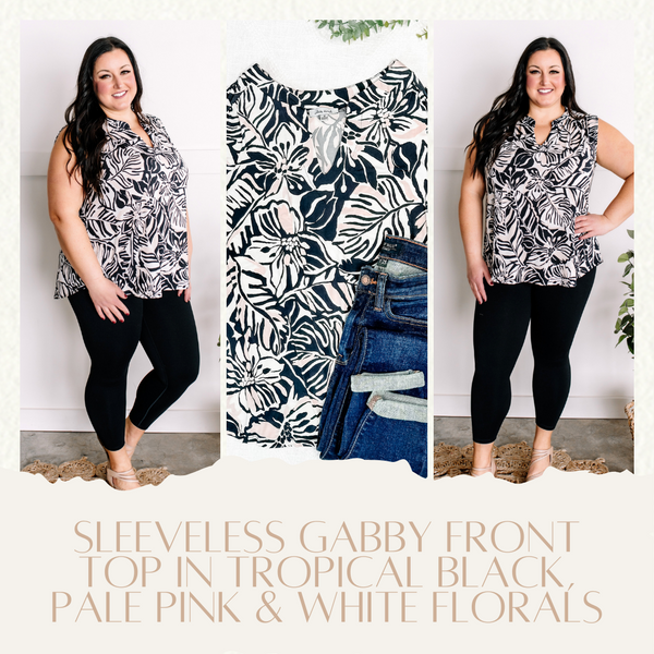 Sleeveless Gabby Front Top In Tropical Black, Pale Pink & White Florals