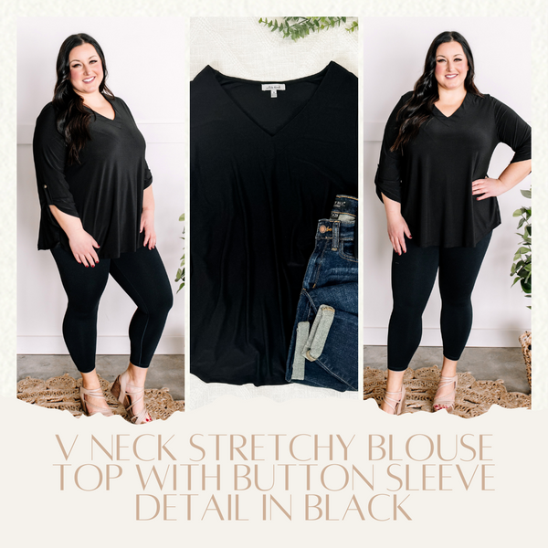 V Neck Stretchy Blouse Top With Button Sleeve Detail In Black