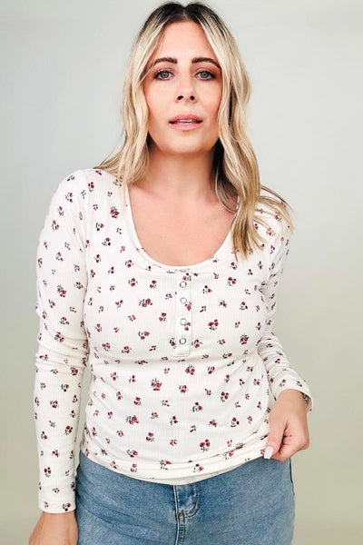 FawnFit Ditsy Floral Henley Long Sleeve Top