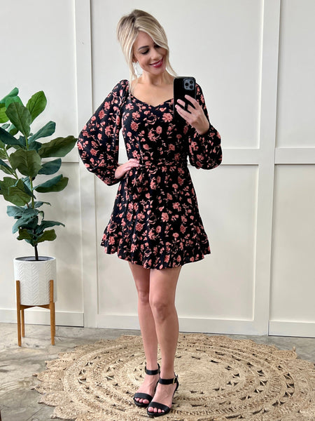 Long Sleeve Black Floral Dress With Tie Belt In Midnight Rose