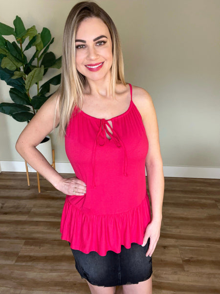 Adjustable Sleeveless Ruffle Hem Top In Fruit Punch