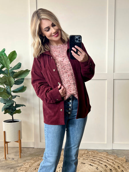 Long Sleeve Button Front Corduroy Top In Wine