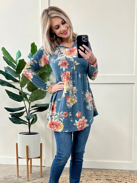 09.27 Long Sleeve Babydoll Top In Blue Florals 11.20