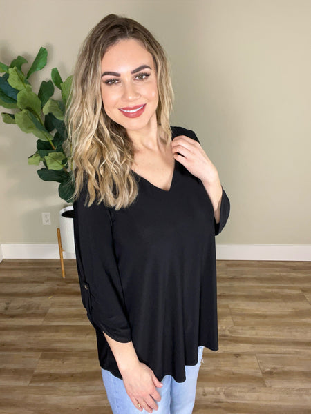 V Neck Stretchy Blouse Top With Button Sleeve Detail In Black
